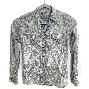 Rock 47 by Wrangler Shirt Mens Medium Blue‎ Paisley Western Pearl Snap Cowgirl